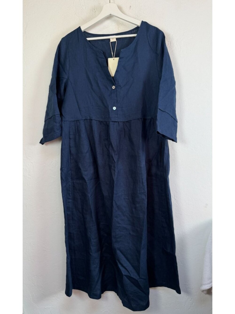 Lintico Womens 100% Linen Loose Fit Button Waist Gathered Midi Dress Large New